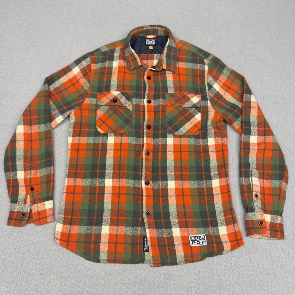 Sub Pop Flannel Shirt Mens Large Orange Green Plaid Cotton Grunge Seattle